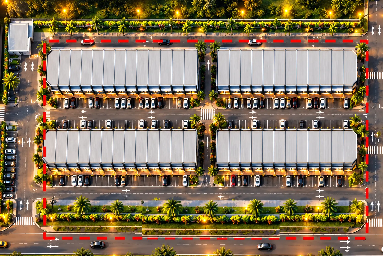 Illustrative aerial layout of shop offices, roads and parking